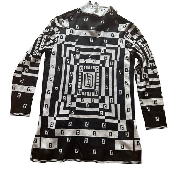 Fendi 365 Vintage FF Zucca Black White Geometric Cardigan IT 40 US 6 1990s - Picture 2 of 8